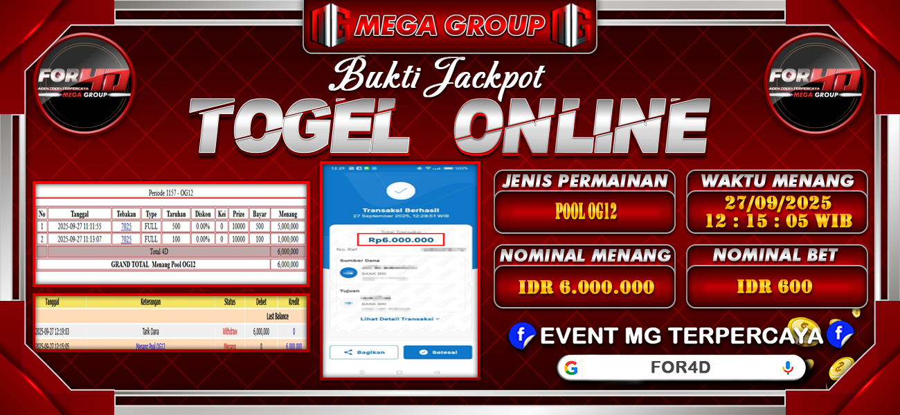 Bukti JP situs For4D hari Sabtu, 27 September 2025