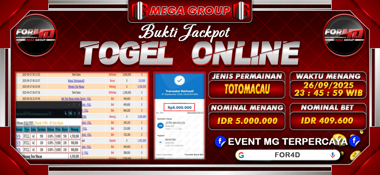 Bukti JP situs For4D hari Sabtu, 27 September 2025